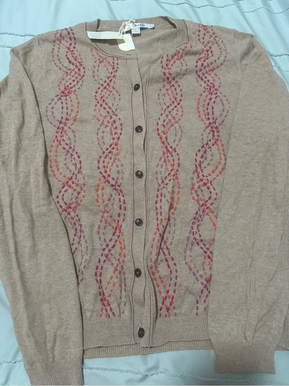 Women’s Boden  Beige Cardigan Sweater with Pink and Orange Stitch Detail NWT